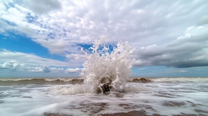 Obraz premium Dynamic Seascape: Exploding Wave Crest Under Cloudy Sky, Coastal Power