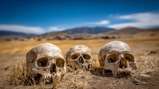 Three Human Skulls Placed Together in a Barren Landscape Conveying Mortality