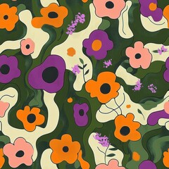 Abstract floral pattern featuring large stylized flowers in orange, purple, pink with dark centers on a background of wavy green and cream shapes