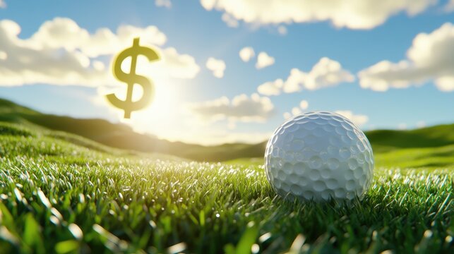 Golf Ball on Green with Dollar Sign Sun: Financial Success on the Course