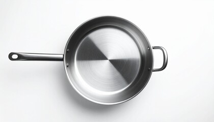 A stainless steel frying pan floating on a white background, photographed from a dramatic top-down angle.