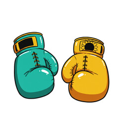 A vibrant, cartoon-style illustration of two colorful boxing gloves, one teal and one yellow with a sunflower, isolated on a solid black background.