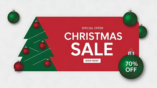 Christmas sale banner with tree and ornaments isolated on white background