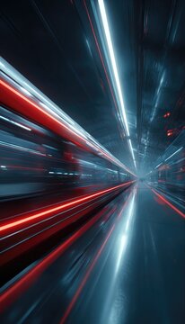 Abstract digital art depicting a speeding train through a futuristic tunnel with vibrant red and white light trails creating a dynamic sense of motion and speed
