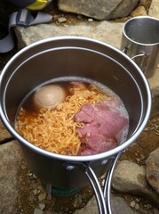 Outdoor Meal of Noodles and Egg in Asahi-dake, Japan