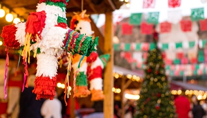 Festive pi?atas hanging in a market