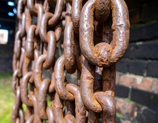 Fototapeta premium Rusty chains against brick wall