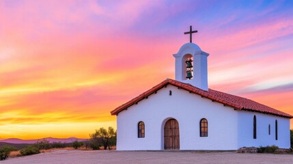 A quiet mission church stands radiant under a swirling pink and orange sky at sunset