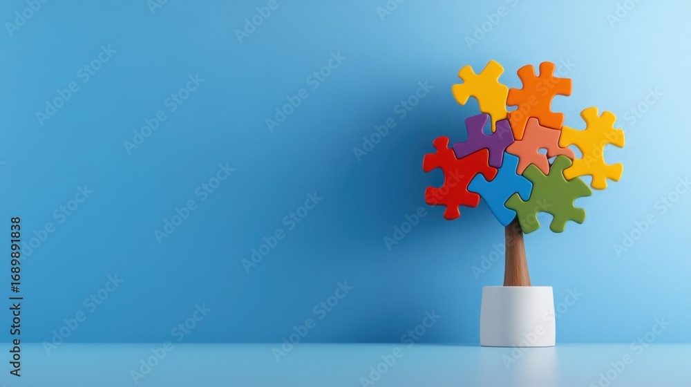 Poster a stylized tree built from colorful puzzles stands as a metaphor for connection and innovation