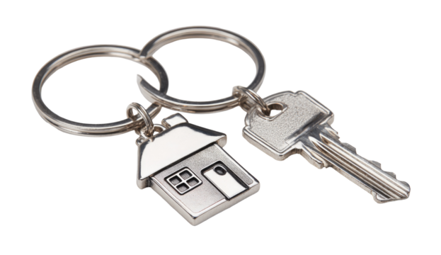 Two metal keys attached to a keyring, shaped like a house
