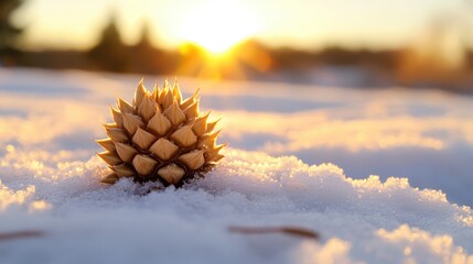 A tan spiky seed pod rests on untouched snow, glowing softly in the amber sunset light