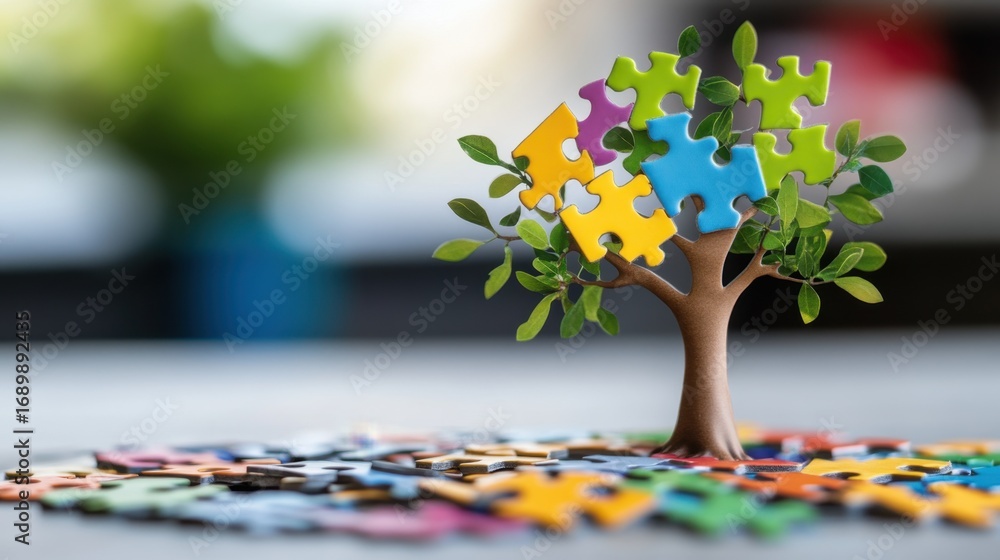 Poster a tree grows from scattered puzzle pieces, with each branch made of different vibrant colors