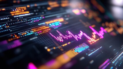Abstract financial chart with neon lines and upward trend over a digital interface with binary code