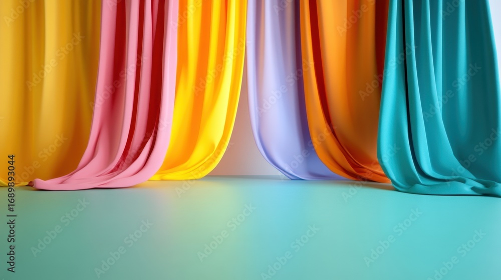 Poster abstract scene with flowing multicolor curtains on a teal floor with strong color blocking