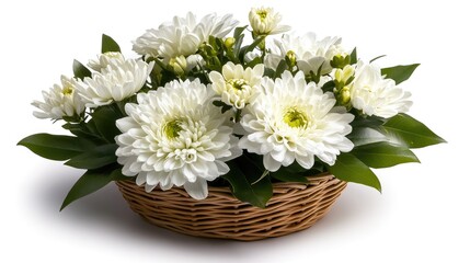 Obraz premium White flowers arranged in a wicker basket.
