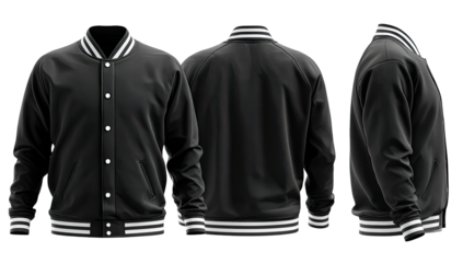 Black varsity jacket, 360-degree view.  Mockup of a black bomber jacket with white stripes.  Front, back, and side views displayed