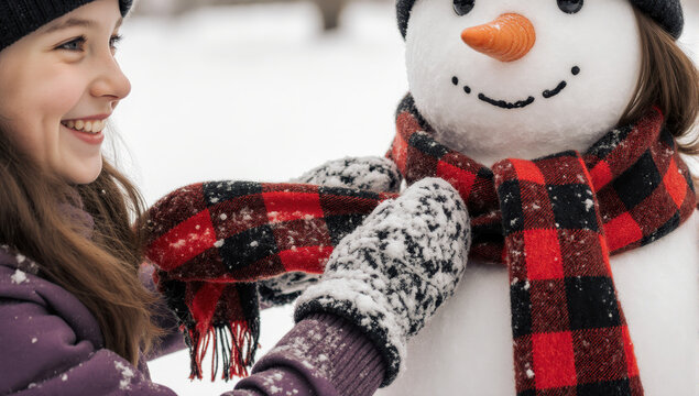 Smiling girl wearing winter clothing adjusts red plaid scarf on snowman with carrot nose and button eyes, joyful winter outdoor activity in snowy landscape