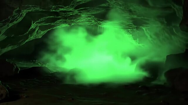 Eerie Green Fog Fills Dark Cave Environment.