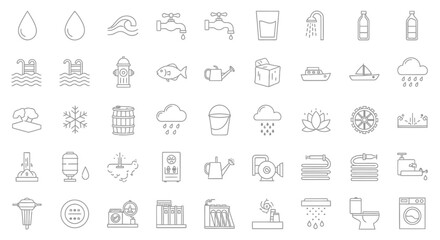 A collection of 48 water related line icons.