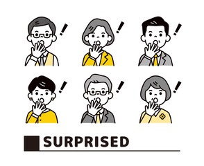 驚いてポカンとした表情をする、年配の男性上司と女性上司の上半身ビジネスアイコン素材セット