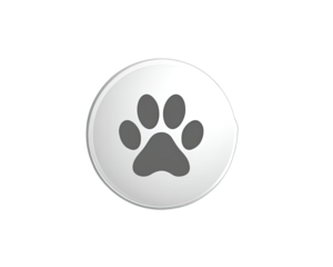 A round, white button with a dark gray paw print