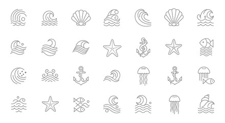 A collection of minimalist line art icons depicting various sea and ocean elements like waves, shells, starfish, and anchors, arranged in a grid.