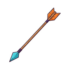 A stylized illustration of a medieval or fantasy arrow with a vibrant blue arrowhead, wooden shaft, and orange feathered fletching on a black background.