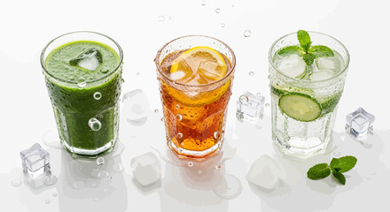 Fototapeta premium Three refreshing cold drinks: a green smoothie, iced tea with lemon, and cucumber mint water, surrounded by ice cubes and water droplets on a white background.