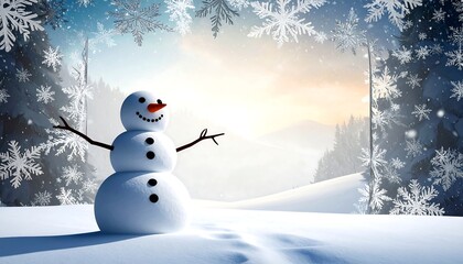 Snowman in Snowy Mountain Scene