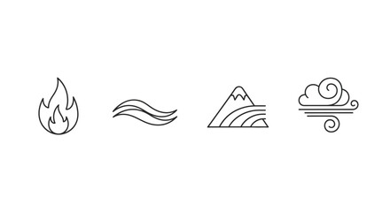 A set of four minimalist line icons representing the classical elements of fire, water, earth, and air.