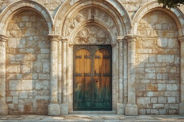 Fototapeta premium ornate ancient stone building facade with arched doorways and weathered wooden double doors in sunlight