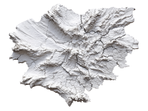 3D Relief Map of a Region, light gray, textured, cracked