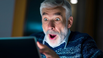 Surprised elderly man reacting with open mouth while using a digital tablet.