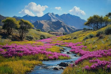 Serene mountain landscape with vibrant purple flowers along a flowing stream under a bright blue sky with fluffy white clouds