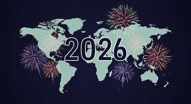 Global Celebration: 2026 New Year Fireworks Display over World Map - Powered by Adobe