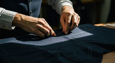 Fototapeta premium Hands Stitching Dark Blue Fabric with White Thread in Tailor Shop
