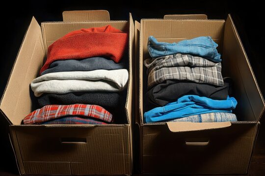 Two open cardboard boxes filled with neatly folded assorted clothing including shirts and sweaters in various colors and patterns on a dark surface