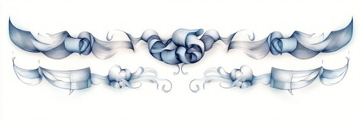 Delicate symmetrical ornamental design resembling flowing ribbons and abstract floral shapes in soft blue grayscale tones on a white background