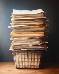 Large stack of old, yellowed papers overflowing from a wire basket on a wooden surface with a dark, blurred background