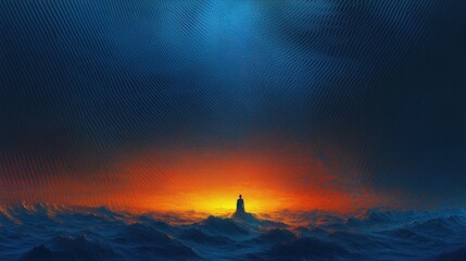 silhouette of a person meditating atop a mountain surrounded by abstract waves under a vibrant sunset sky transitioning to deep blue night