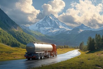 Red tanker truck driving on wet mountain road with snow-capped peak and lush green forest under a partly cloudy sky