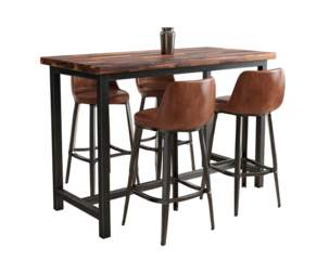 Rustic bar table with brown leather stools