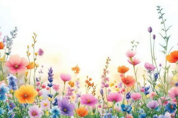 Colorful wildflowers in various shades of pink, orange, purple, and blue gently swaying with green stems and leaves against a bright white background