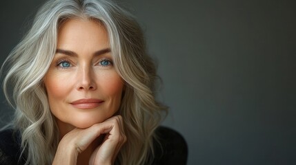 Close-up portrait of a mature woman with silver hair and blue eyes resting her chin on her hands, conveying calm and confidence against a dark background