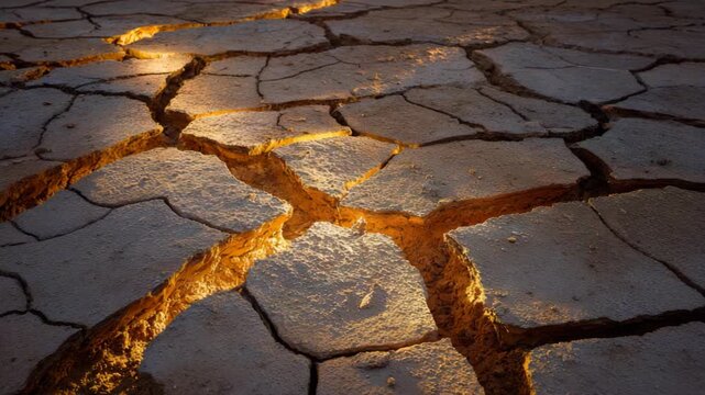 Dry earth ground cracked under the heat of drought, with sunlight shining on it