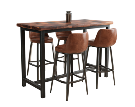 Rustic bar table with brown leather stools