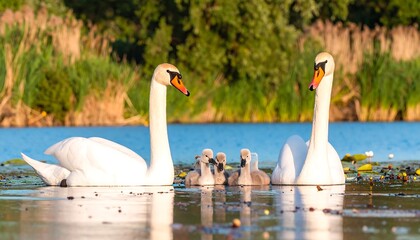Swans with Cygnets Swimming in a Serene Lake