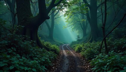 Fototapeta premium Dark, shadowy forest path winding deep into the woods, overgrown with tangled vines and looming trees, hinting at unseen dangers lurking within , adventure, tangled