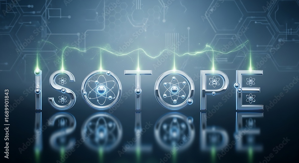 Poster dynamic atomic structures illuminate the scientific concept of isotopes in a modern, abstract design