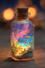 Miniature glass bottle; cork stopper;  contains a vibrant, miniature ocean scene with goldfishes, coral, sand, and a starry, twilight sky